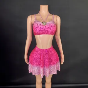 Women Sexy Rhinestone Top And Bottom Skirt Set Gradient Backless V Neck Party Stage Outfit Leopard Pendant Slim Fit Clubwear