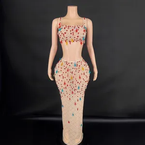 Women Sexy Rhinestone Two Piece Mesh Set Sheer Top And Bottom Long Mermaid Skirt Club Stage Dress Party Gown Outfit
