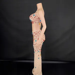 Sexy two-piece sheer mesh set decorated with colorful rhinestones for club and party events