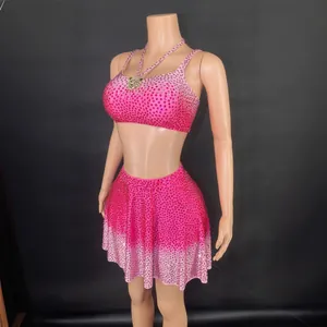 Sparkly hot pink rhinestone crop top and flared mini skirt two-piece set for women