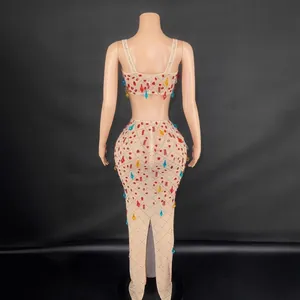 Sexy nude mesh two-piece set featuring vibrant multi-color crystals for club and party