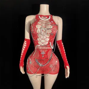 Punk Red Hollow Out Mini Dress With Metal Chains Pins And Artificial Pearls Gothic Halter Neck Slim Fit Top And Bottom Set With Arm Sleeves Women Clubwear Party Fashion Dress