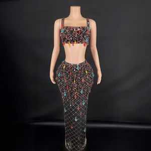 Two-piece mesh dress set with colorful rhinestones for party wear