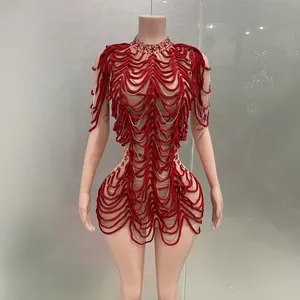 Women Sexy 3D Wavy Spandex Mini Dress With Rhinestone And Chain Decoration Sleeveless Clubwear Performance Costume Top And Bottom