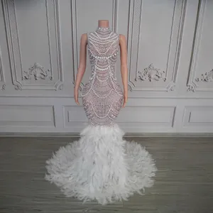Luxury Rhinestone Feather Evening Gown For Women Mock Neck Sleeveless Fishtail Dress For Party Banquet Host Elegant Gown
