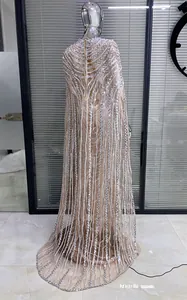Detailed back view of a champagne mesh gown with silver sequin stripes and cape sleeves