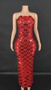 Stunning red sequined floor-length party dress featuring a strapless slim-fit mermaid design.
