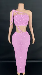 Pink rhinestone crop top and long bodycon skirt set for sexy evening party wear
