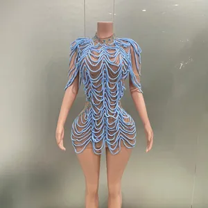Unique light blue rope wavy evening dress for party and stage performance