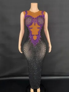 Elegant black mesh evening gown with sparkling purple rhinestones for stage performance