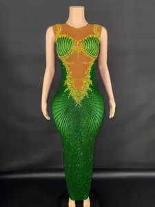 Elegant green rhinestone floor-length gown, slim-fit performance dress for gala events