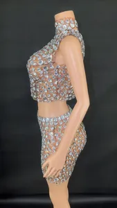 Side profile of a sexy brown mesh two-piece set with glittering silver rhinestones