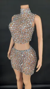 Sparkling silver rhinestone two-piece set featuring high-neck crop top and mini skirt