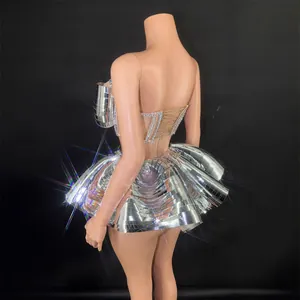Sexy silver mirror stage performance costume with rhinestones for night club party events