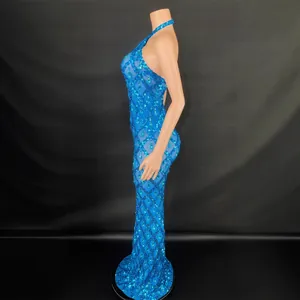 Elegant blue halter neck floor-length evening dress with sequins and water-drop crystals.