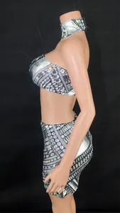 Detailed view of sparkly rhinestone tube top and mini skirt set for party wear