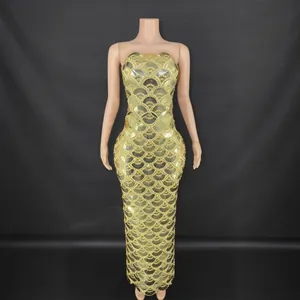 Women Elegant Strapless Sequin Maxi Dress Heavy Fish Scale Bodycon Sleeveless Party Evening Banquet Gown