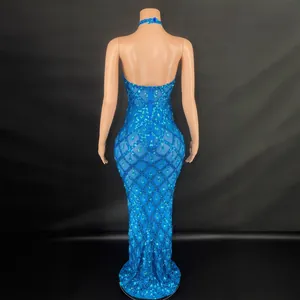 Back view of a blue sequined halter maxi dress with water-drop diamond details on a mannequin.