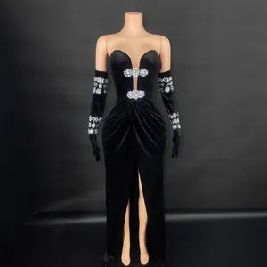Abito da Sera Donna Sexy Scollo a V Senza Spalline Con Fiore di Strass Elegante Abito Maxi in Elastan Con Spacco Alto per Festa Banchetto