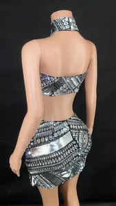 Back view of sparkly silver rhinestone strapless top and mini bodycon skirt set