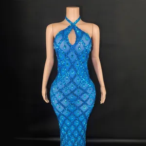 Elegant blue halter floor-length dress with teardrop crystals for pageant or gala
