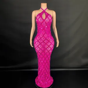 Elegant magenta halter neck floor-length dress with sparkling rhinestones and mesh detail