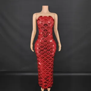 Elegant red heavy sequin strapless mermaid evening gown for women gala party events