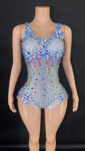 Close-up of sparkling sequin and rhinestone bodysuit stage performance costume
