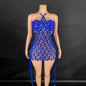 Vestido Sexy Halter de Strass Lentejuelas Bodycon Mini para Mujer Vestido de Fiesta en Malla Brillante Discoteca Espectáculo Falda Sin Espalda