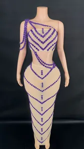 Two-piece set featuring purple beaded one-shoulder crop top and nude mesh bodycon maxi skirt