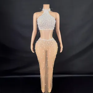 Luxe Dames Kunstparel Strass Halter Top En Lange Rok Podium Avond Outfit Nachtclub Feest