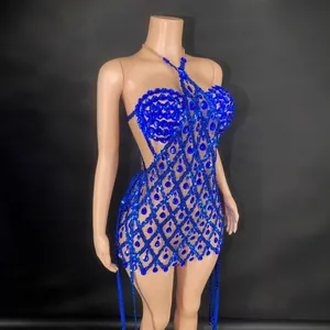 Vestido halter sexy azul real con pedrería y lentejuelas para discoteca y escenario
