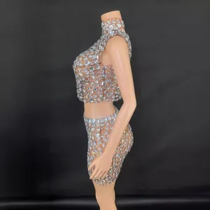 Sexy sleeveless rhinestone crop top and bodycon mini skirt set in nude mesh for party