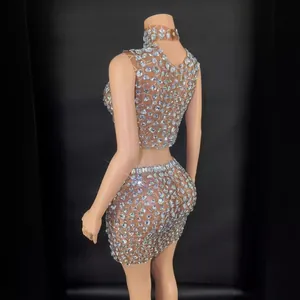 Sparkling high neck sleeveless rhinestone crop top and bodycon mini skirt two piece set