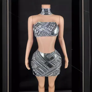 Women Sexy Rhinestone Skirt Set Strapless Crop Top And High Waist Bodycon Mini Skirt With Choker Sparkly Party Club Outfit