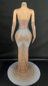 Vista trasera de vestido largo de malla nude con cristales plateados y perlas elegantes.