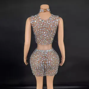 Sexy mock neck sleeveless rhinestone crop top and tight mini skirt two-piece set