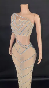 Detailed view of nude mesh two-piece set adorned with shimmering silver rhinestones