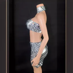 Sparkly silver rhinestone two-piece set including tube top and mini skirt for party fashion