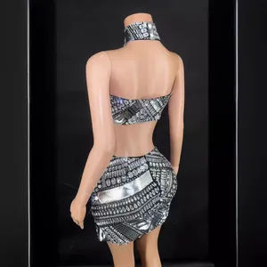 Sexy sparkling silver rhinestone crop top and high waist mini skirt two-piece party set