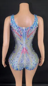 Back view detail of colorful rhinestone encrusted performance bodysuit for stage