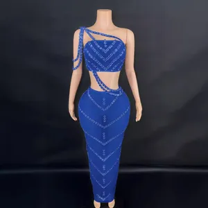 Sexy royal blue rhinestone two-piece set featuring crop top and long bodycon maxi skirt