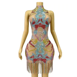Mock Neck Colorful Rhinestone Fringe Bodycon Dress Women Elegant Mesh Sequin Mini Party Evening Gown Sleeveless Dress