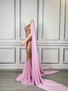 Stunning pink rhinestone mermaid dress with long sheer cape for stage performance