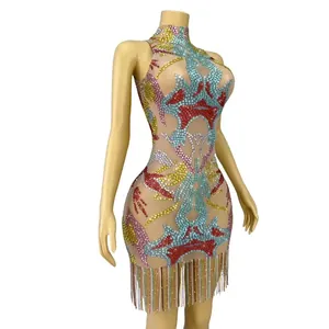 Colorful rhinestone and fringe bodycon mini dress with high neck for cocktail parties
