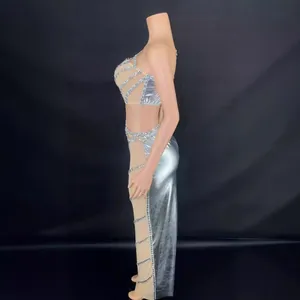 Sexy silver rhinestone backless crop top and side-slit maxi skirt two-piece set
