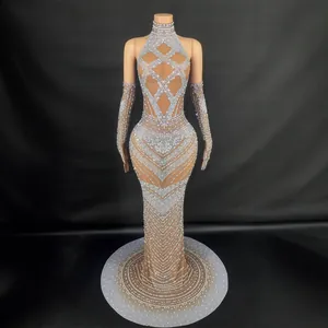 Vestido de Noche Halter con Strass para Mujer Vestido Largo Elegante con Guantes a Juego para Fiesta Banquete Boda