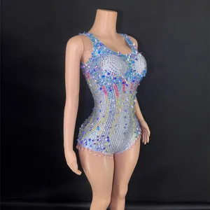 Sparkling light blue sequined performance bodysuit with colorful beads and fringe