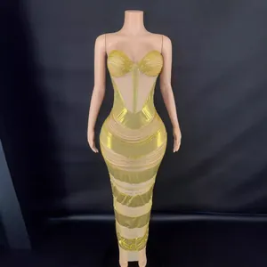 Women Sexy Off Shoulder Rhinestone Bodycon Evening Gown Backless V Neck Striped Mesh Splicing Slim Fit Long Dress Party Prom Gown