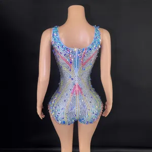 Sparkly rainbow sequined rhinestone bodysuit for concert performance and nightlife events